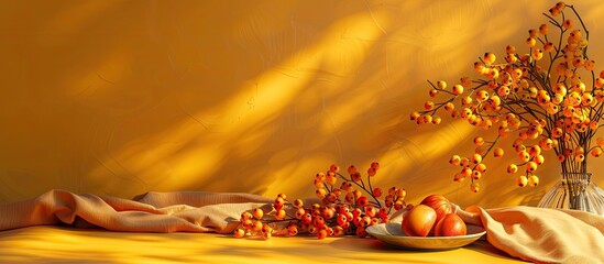 Poster - Autumn table setting with sea buckthorn and orange fruits on soft yellow fabric creating a warm atmosphere with ample copy space in background