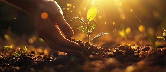 Aufkleber - Hands planting a young green tree in rich brown soil with sunlight and golden flare effects illuminating the scene from the top left corner.