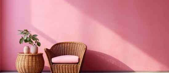Poster - Cozy wicker chair with soft pink cushion beside round basket on light pink wall background creating a warm and inviting interior atmosphere