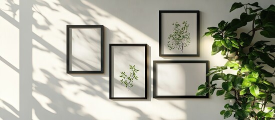 Leinwandbilder - Elegant minimalist frame mockup featuring four empty black frames on a white wall with soft shadows and green plant accents, illuminated by window light.