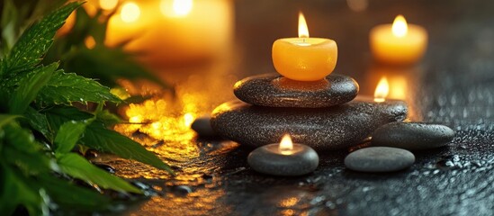 Poster - Zen stones arranged on a dark wet surface with green leaves in the background illuminated by warm orange candlelight creating a tranquil atmosphere