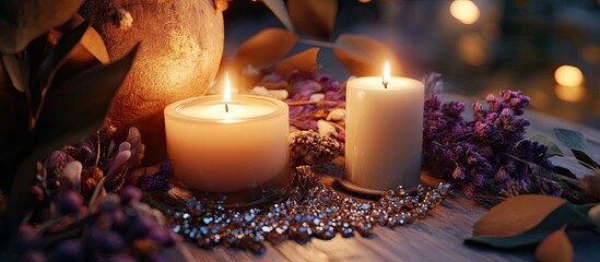 Aufkleber - Soothing still life featuring two lit candles surrounded by delicate purple flowers and glimmering beads on a wooden surface with warm bokeh lights.