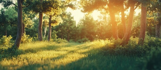 Poster - Tranquil summer forest scene highlighting tall green trees and sunlit grass with golden sunlight filtering through foliage creating serene ambiance