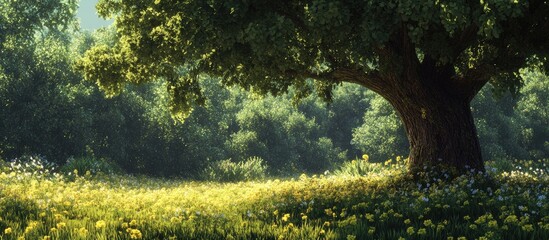 Poster - Sunny spring meadow featuring a large green tree on the left, surrounded by delicate yellow wildflowers against a lush green backdrop.