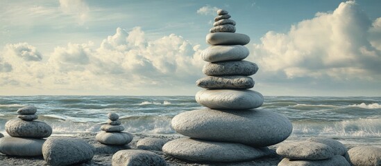 Poster - Balanced stone tower on shoreline with gentle waves and cloudy sky in soft blue and gray tones creating a serene coastal atmosphere.