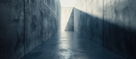 Poster - Panoramic view of textured concrete walls with light and dark shades creating contrast and depth in a narrow corridor with high walls