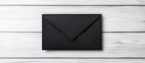 Aufkleber - Black envelope placed centrally on a white wooden background, featuring a blank area for greeting card design, emphasizing simplicity and elegance.