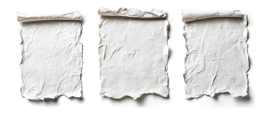 Fototapete - Vintage textured paper collection featuring three irregularly shaped, crinkled sheets in muted off-white tones set against a white background.