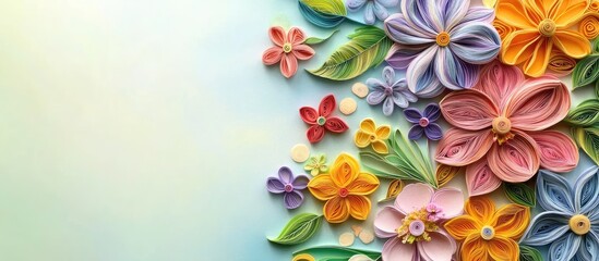 Poster - Colorful quilled spring flowers in vibrant shades of pink, yellow, and blue arranged artistically on a soft light green background.