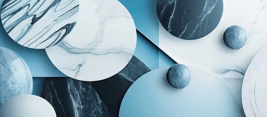 Poster - Blue and white abstract composition featuring geometric marble patterns and circles, arranged in a stylish layered design for a modern aesthetic.
