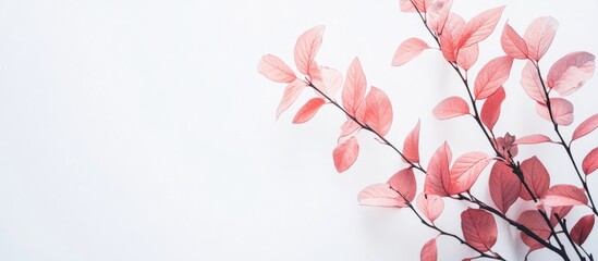Aufkleber - Minimalist composition of pale pink leaves on a clean white backdrop, positioned on the right side, exuding a fresh and serene aesthetic.