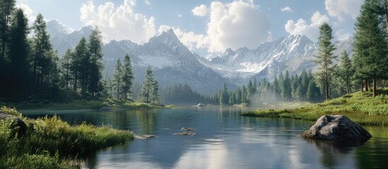 Aufkleber - Serene mountain landscape with a clear lake, lush green foliage in the foreground, majestic snow-capped peaks in the background and blue skies.