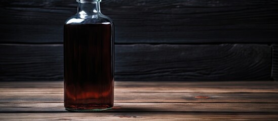 Leinwandbilder - Dark glass bottle filled with a rich brown liquid rests on a weathered wooden surface with warm tones and ample copy space to the right.