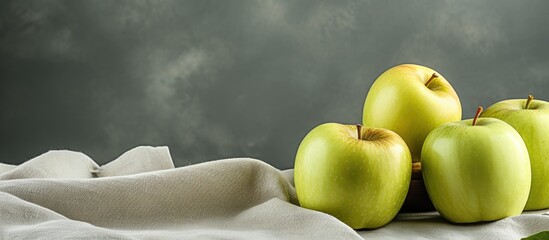 Aufkleber - Fresh green apples arranged on a light gray cloth with a textured, muted gray background creating a calm and elegant composition.