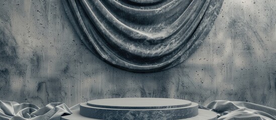 Aufkleber - Textured gray podium with scaly fabric positioned centrally against a heavy drapery backdrop featuring abstract patterned copy space above