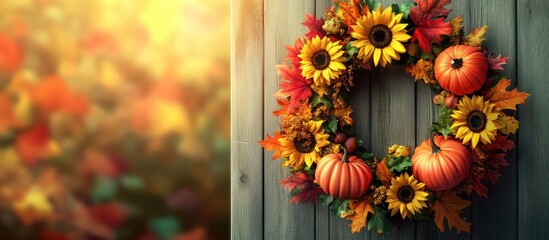 Poster - Thanksgiving autumn wreath adorned with vibrant sunflowers and pumpkins on a rustic wooden door, featuring warm yellow, orange, and red hues.