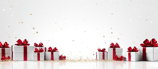 Poster - White background featuring neatly arranged Christmas gift boxes with red ribbons and bows on the left, ample space for additional imagery on the right.