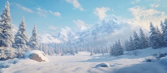 Aufkleber - Snowy mountains in the background with a clear blue sky, surrounded by a dense green forest and a snow-covered landscape in winter scene.