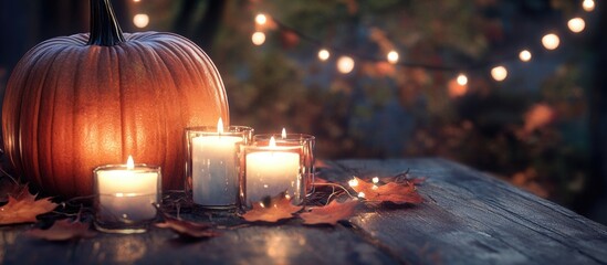 Poster - Thanksgiving pumpkins in warm orange tone with glowing candles on rustic wooden table surrounded by autumn leaves and soft string lights in background