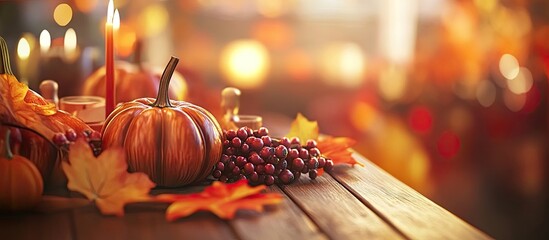 Poster - Autumn scene featuring vibrant orange pumpkins, colorful leaves, and clusters of berries on a rustic wooden table with soft warm lighting.