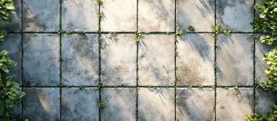 Poster - Stone pavement tiles with green grass growing between them, light shadows cast on the surface, arranged in a grid pattern.