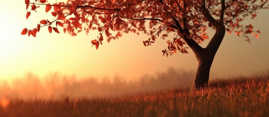 Poster - Autumn sunrise casting warm golden light over a single tree with vibrant orange leaves in a serene grassy landscape.