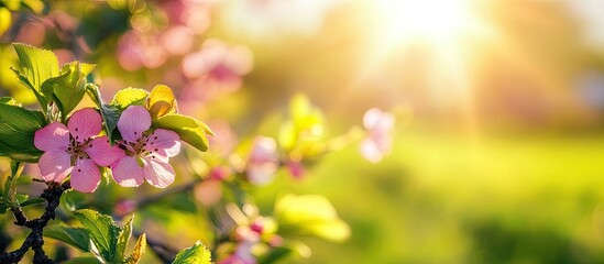 Leinwandbilder - Sunlit cherry blossom branch with soft pink flowers in focus against a vibrant green background and warm sunlight creating a serene atmosphere.