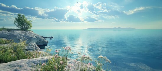 Poster - Tranquil waters reflect a serene sky with soft blue hues and gentle cloud formations, framed by lush greenery and rocky shoreline elements.