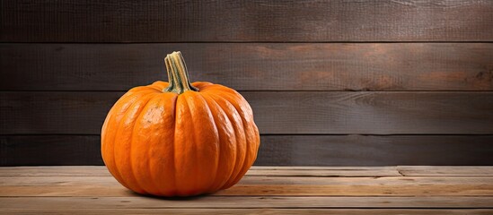 Poster - Vibrant orange pumpkin positioned on the right side against a rustic dark wooden background creating a warm autumn ambiance