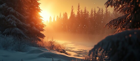 Aufkleber - Winter sunset illuminating snow-covered forest with tall evergreen trees and foggy atmosphere creating a serene outdoor landscape.