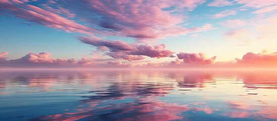 Poster - Twilight sky with vibrant pink and blue hues, low cloud reflections on calm sea, creating a serene landscape at dusk.
