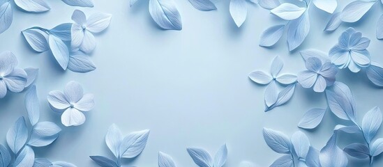 Aufkleber - Soft blue pastel background adorned with delicate blossom leaves arranged in a circular frame creating a serene springtime ambiance.