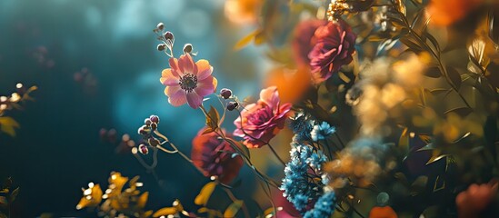 Aufkleber - Vibrant floral backdrop featuring soft focus blooms in shades of pink, blue, and gold with gentle lighting creating a dreamy atmosphere.