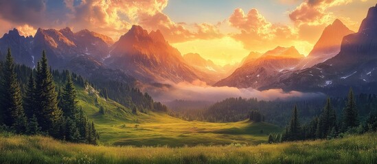 Poster - Vibrant sunset over rocky mountains with high peaks, green grass meadow in foreground, foggy valley and colorful evening sky in background