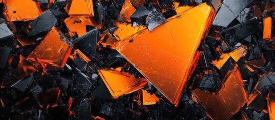 Poster - Abstract arrangement of sharp orange and black triangular glass shards scattered across a dark textured surface emphasizing contrast and depth.