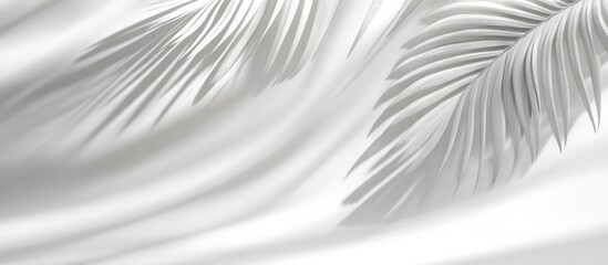 Fototapete - Textured white background with soft flowing fabric and delicate shadows of palm leaves in the upper left and lower right corners creating depth.