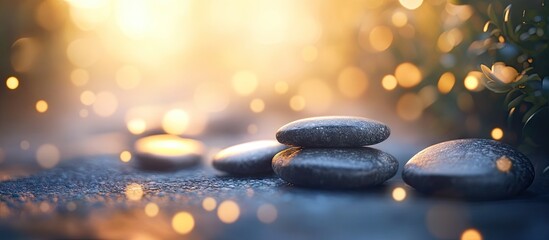Poster - Calm scene of smooth gray stones arranged on a soft surface surrounded by warm golden bokeh lights creating a tranquil nature atmosphere