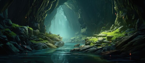 Aufkleber - Enchanting cave with a serene flowing stream illuminated by soft light, surrounded by lush green moss and rugged rocks, creating a tranquil atmosphere.