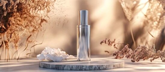 Leinwandbilder - Elegant clear glass bottle with silver cap positioned centrally on textured light stone surface surrounded by soft earthy tones and dried flowers