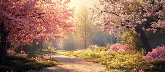 Aufkleber - Blossoming cherry trees in soft pink hues lining a serene pathway with lush green grass illuminated by gentle morning light in a tranquil spring scene