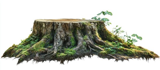 Poster - Moss-covered tree stump with prominent roots and green foliage on a white background, showcasing natural textures and details of the wood.
