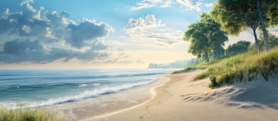 Aufkleber - Serene beach landscape with golden sand shore, lush green trees, soft waves, and a tranquil sky dotted with clouds in pastel hues.