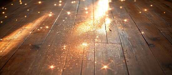 Poster - Glistening fairy dust scattered on a rustic wooden floor with warm brown tones creating a captivating magical glow in a whimsical atmosphere