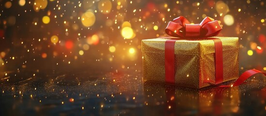 Poster - Golden gift box with red ribbon resting on a reflective surface illuminated by colorful bokeh lights creating a warm festive atmosphere.