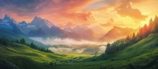 Poster - Vibrant sunset over rocky mountains with green grass meadows and foggy valley under a colorful evening sky in the background.