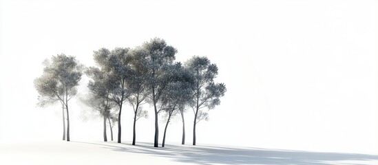 Poster - Isolated tall gray trees with delicate branches positioned to the left against a stark white background, showcasing minimalistic natural beauty.