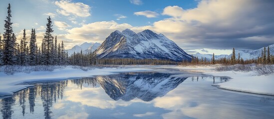 Aufkleber - Serene winter landscape with snow-capped mountains reflected in a calm river under a blue sky with fluffy clouds and evergreen trees lining the banks