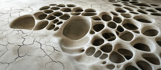 Aufkleber - Cement surface with large irregular holes and fine cracks in earthy beige tones creating a textured and abstract design emphasizing depth and separation