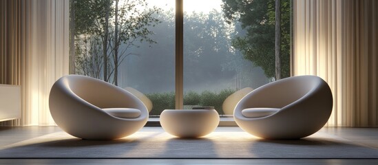 Poster - Modern minimalist living space featuring soft neutral-toned armchairs positioned symmetrically near a large window with natural light streaming in.