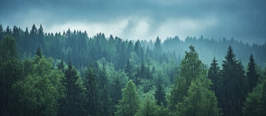 Aufkleber - Majestic ancient forest with lush greenery under a moody blue-gray sky showcasing rain-soaked foliage and the serenity of primeval nature.